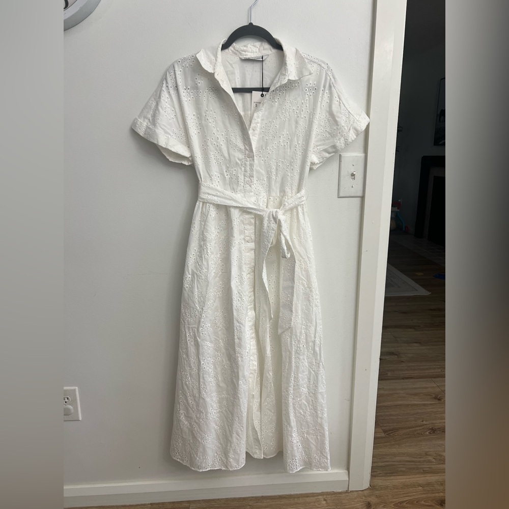 Zara White Eyelet Midi Shirt Dress